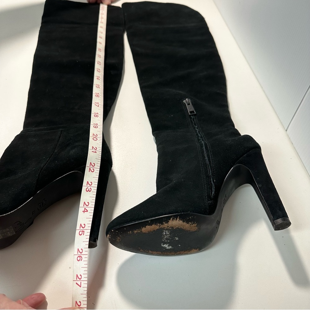 Joie Bentlee Genuine Suede Leather Heel Over The Knee Boots Sz 7 Black Retro - Picture 15 of 16